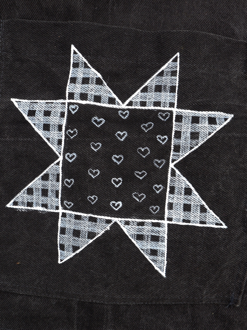Upcycled Black Denim Jacket with White Folk Art Drawings L • XL - Picture 9 of 16